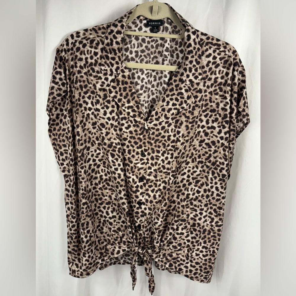 Torrid Animal Print Brown and Cream Tie Front Blouse, 1 (1x)